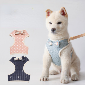 Pet leash Bowknot pet chest strap vest cat dog leash (Specifications (length * width): L, Color: Pink dot)